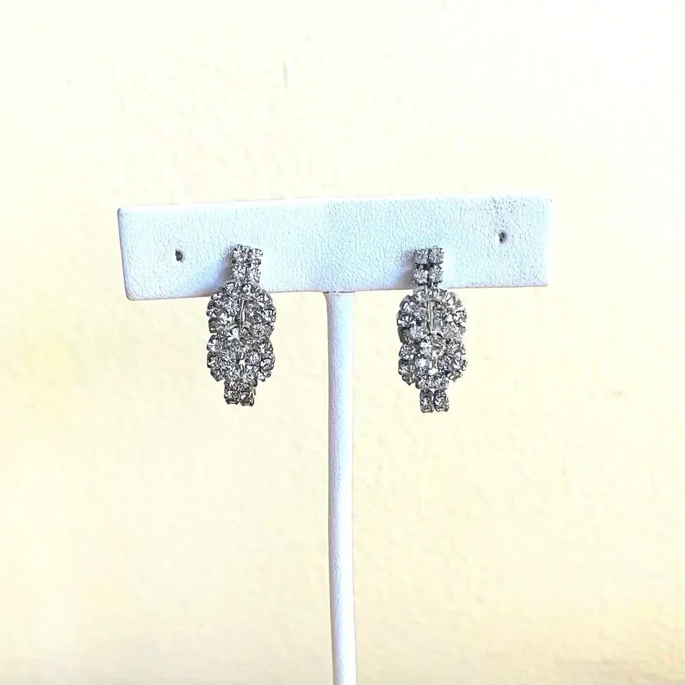 Vtg Mid-Century Clear Rhinestone Art Deco Clip Earrings Huggie Hoop Bridal Retro
